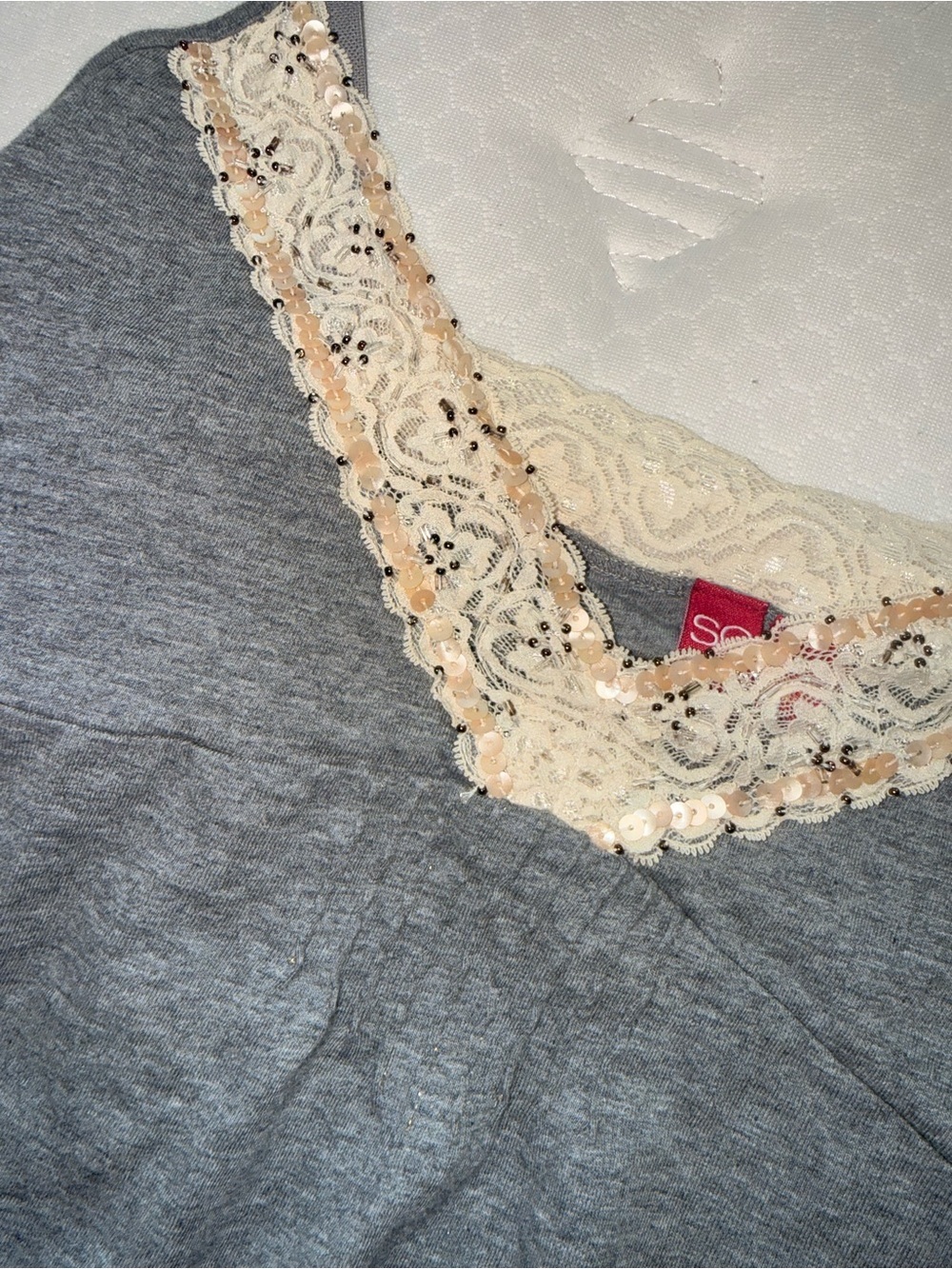 86. Gray Lace-Trim Spaghetti Strap Tank Top - Picture 3 of 5